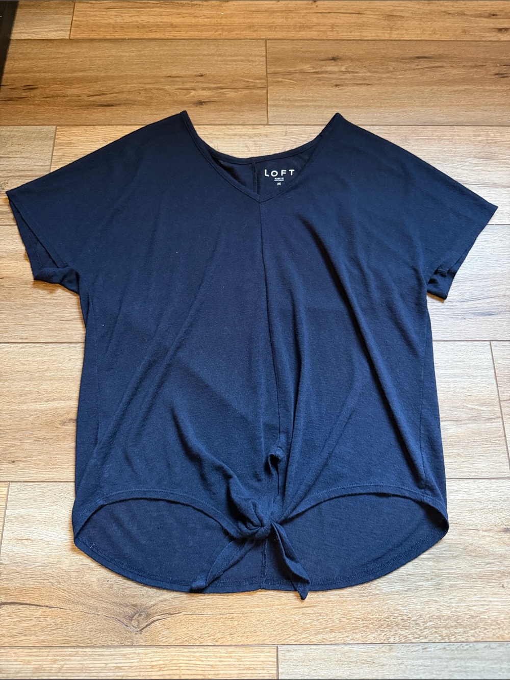 LOFT Navy V-Neck Short Sleeve Tie-Front Top